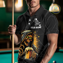 Load image into Gallery viewer, Man wearing Grim Reaper 8 ball pool and beer That's Why I'm Here billiard polo shirt front view.