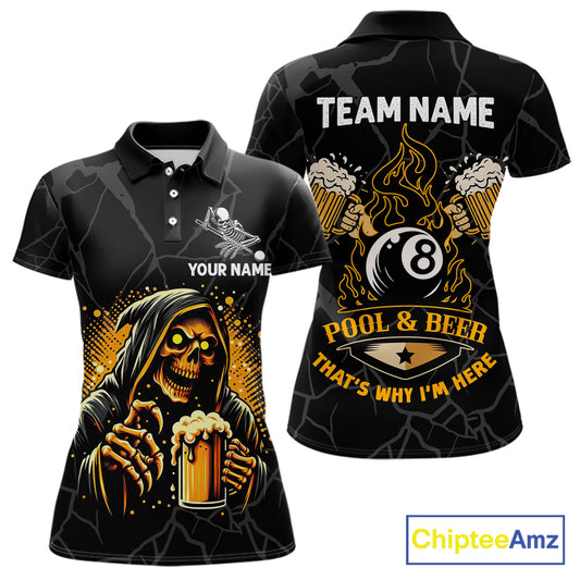 Grim Reaper 8 ball pool and beer That's Why I'm Here custom billiard team jersey polo shirt for women, funny pool league apparel and tournament jersey.