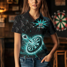 Load image into Gallery viewer, Custom Dart Jerseys For Women, Black And Turquoise Dartboard Thunder Lightning Darts Polo &amp; 1/4 Zip TDM3667