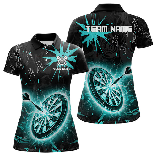 Custom Dart Jerseys For Women, Black And Turquoise Dartboard Thunder Lightning Darts Polo & 1/4 Zip TDM3667