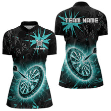 Load image into Gallery viewer, Custom Dart Jerseys For Women, Black And Turquoise Dartboard Thunder Lightning Darts Polo &amp; 1/4 Zip TDM3667