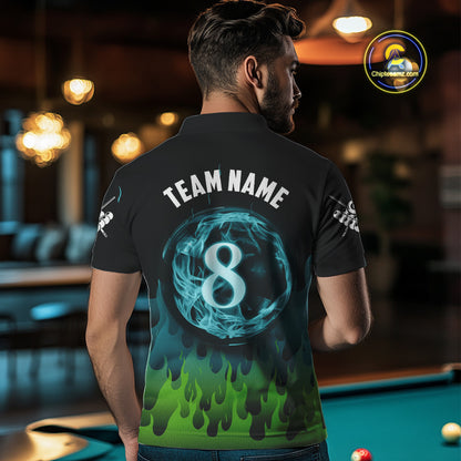 Green And Blue Flaming 8 Ball Pool Men Billiard Polo & 1/4 Zip Custom Pool Team Player Jersey TDM3828