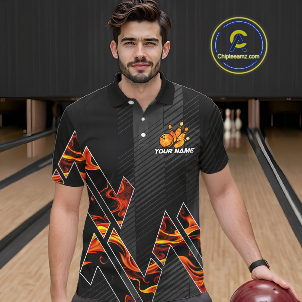 Personalized Fire Flame Bowling Jersey For Men Custom Bowling Team Shirt Polo & 1/4 Zip |Orange TDM6238