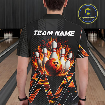 Personalized Fire Flame Bowling Jersey For Men Custom Bowling Team Shirt Polo & 1/4 Zip |Orange TDM6238