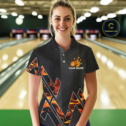 Personalized Fire Flame Bowling Jersey For Women Custom Bowling Team Shirt Polo & 1/4 Zip |Orange TDM6238