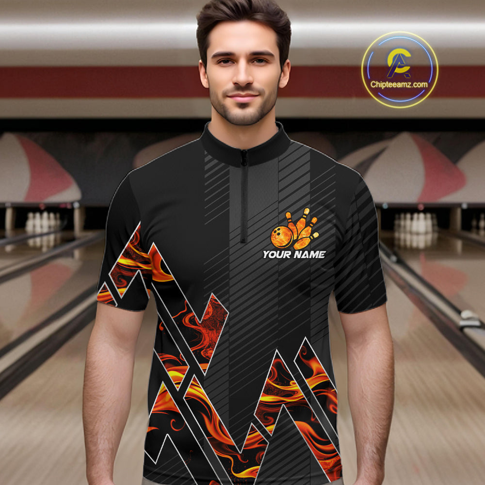 Personalized Fire Flame Bowling Jersey For Men Custom Bowling Team Shirt Polo & 1/4 Zip |Orange TDM6238