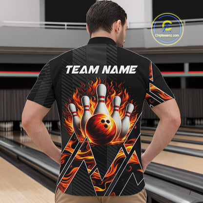 Personalized Fire Flame Bowling Jersey For Men Custom Bowling Team Shirt Polo & 1/4 Zip |Orange TDM6238