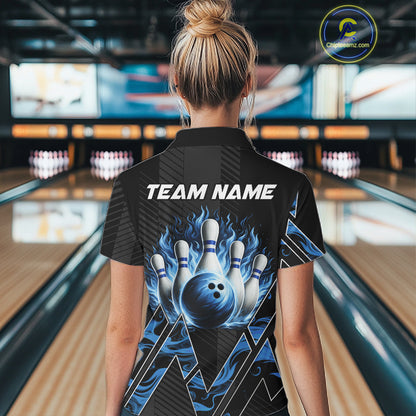 Personalized Fire Flame Bowling Jersey For Women Custom Bowling Team Shirt Polo & 1/4 Zip |Blue TDM6239