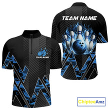 Load image into Gallery viewer, Personalized Fire Flame Bowling Jersey For Men Custom Bowling Team Shirt Polo &amp; 1/4 Zip |Blue TDM6239