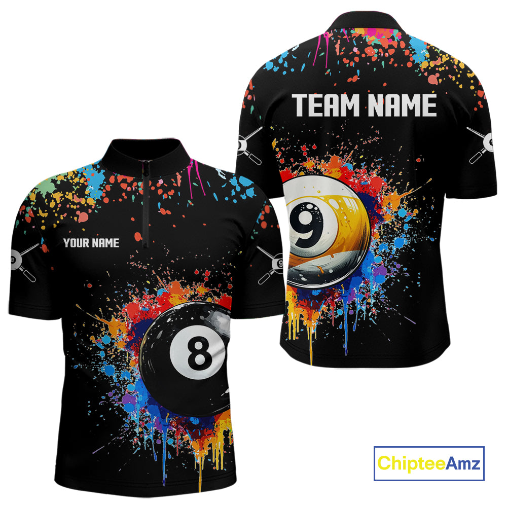 Funny 8&9 Ball Pool Colorful Paint Splash Billiard Shirt For Men Custom Billiard Team Jerseys TDM4295