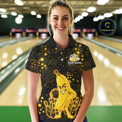 Woman wearing black and yellow funny banana bowling team jersey polo shirt featuring funny banana artwork, front view.