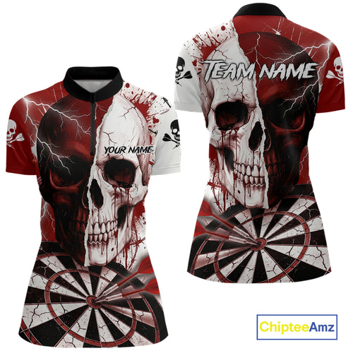 White & Red Skull Dartboard Custom Women Dart Quarter-Zip Shirt Retro Grunge Dart League Jerseys NYN2083