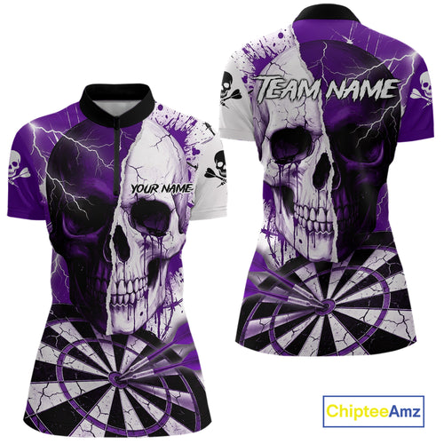 White & Purple Skull Dartboard Custom Women Dart Quarter-Zip Shirt Retro Grunge Dart League Jerseys NYN2084