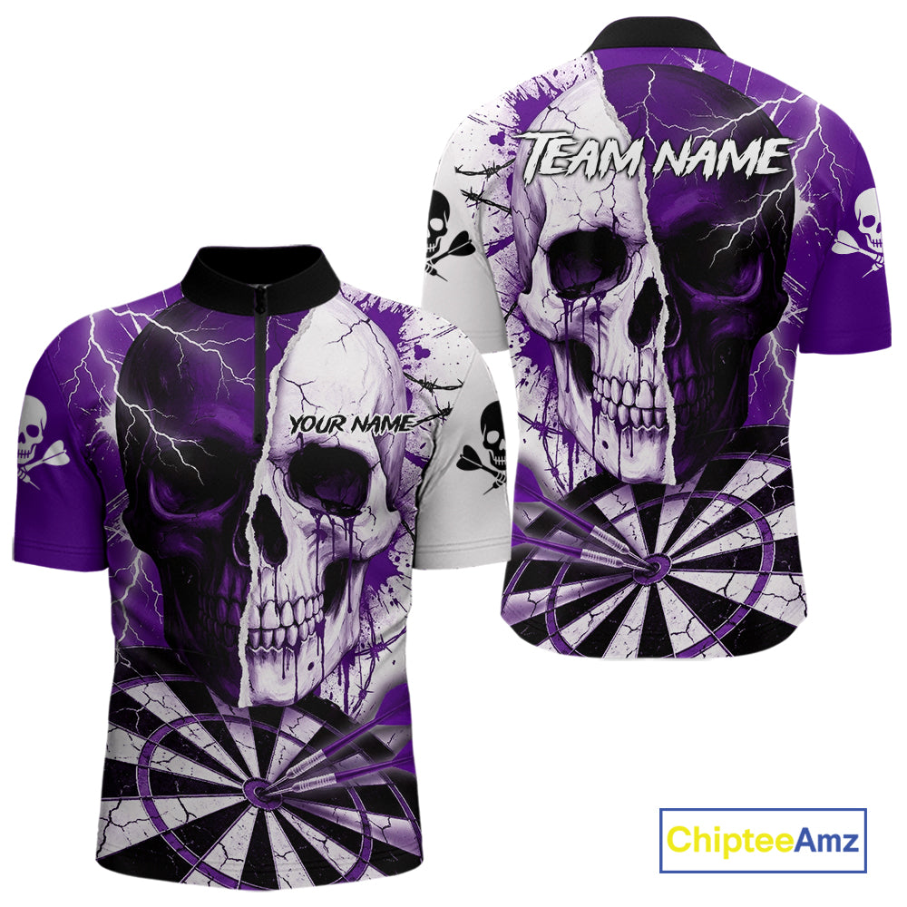 White & Purple Skull Dartboard Custom Men Dart Quarter-Zip Shirt Retro Grunge Dart League Jerseys NYN2084
