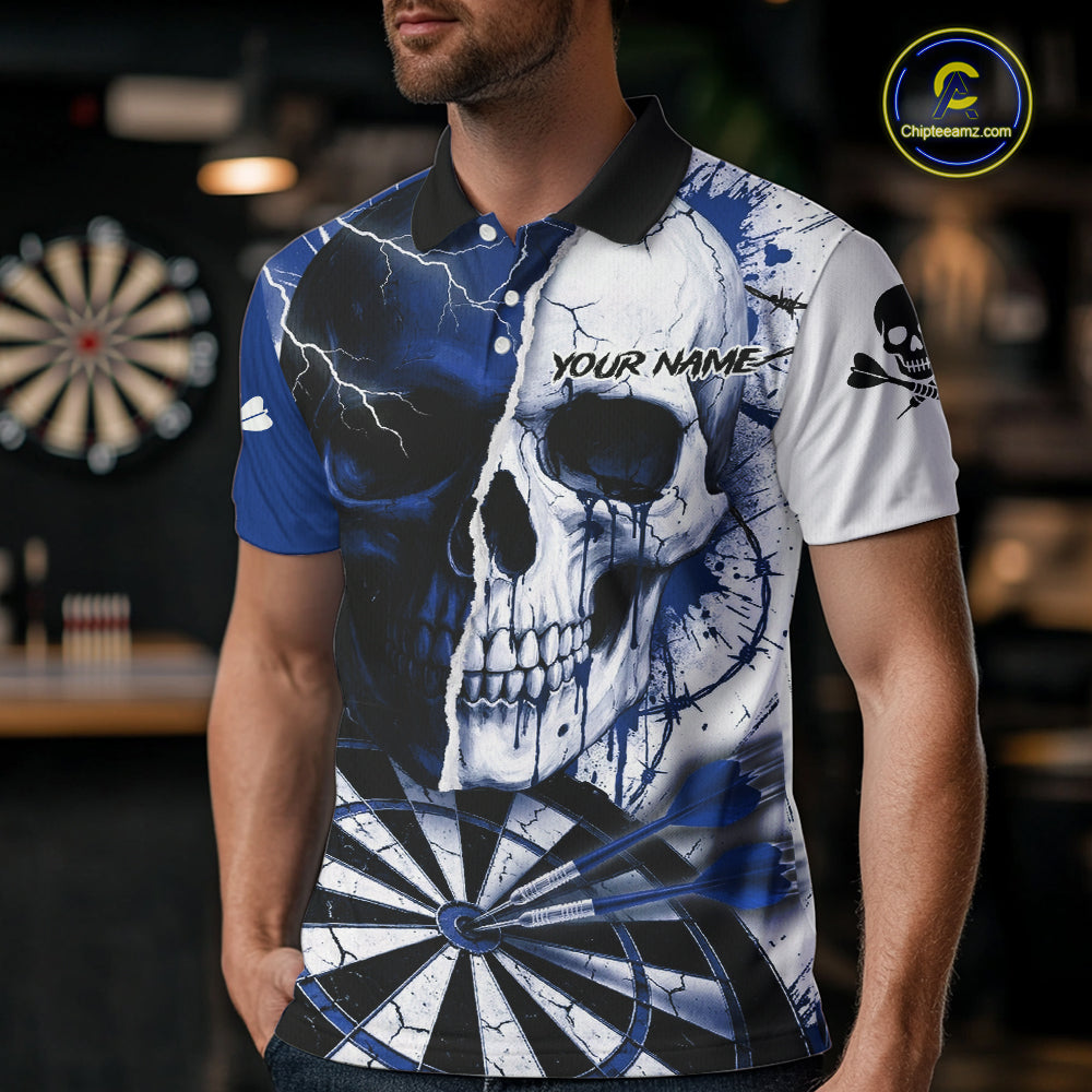 White & Blue Skull Dartboard Custom Men Dart Polo Shirt Retro Grunge Dart League Jerseys NYN2085