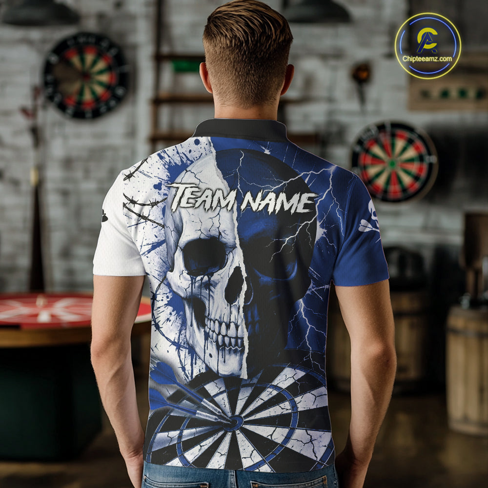 White & Blue Skull Dartboard Custom Men Dart Polo Shirt Retro Grunge Dart League Jerseys NYN2085