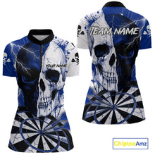 Load image into Gallery viewer, White &amp; Blue Skull Dartboard Custom Women Dart Quarter-Zip Shirt Retro Grunge Dart League Jerseys NYN2085