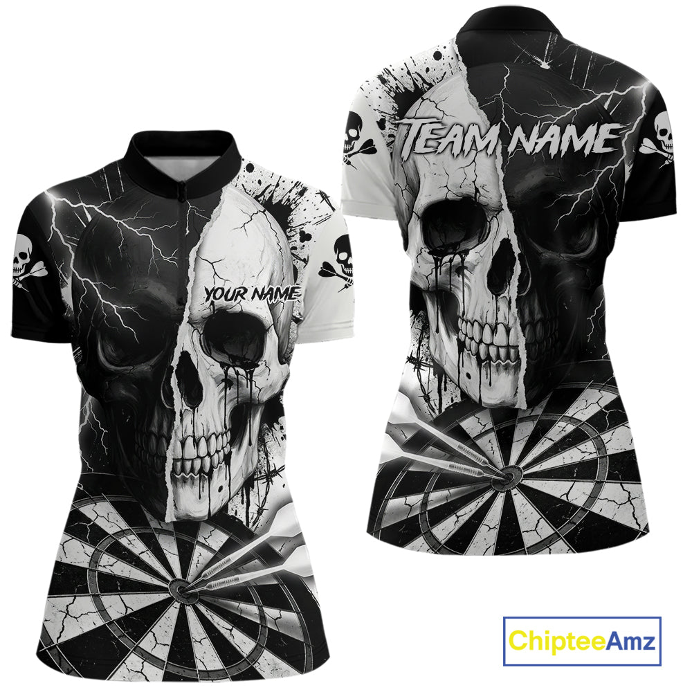 White & Black Skull Dartboard Custom Women Dart Quarter-Zip Shirt Retro Grunge Dart League Jerseys NYN2086