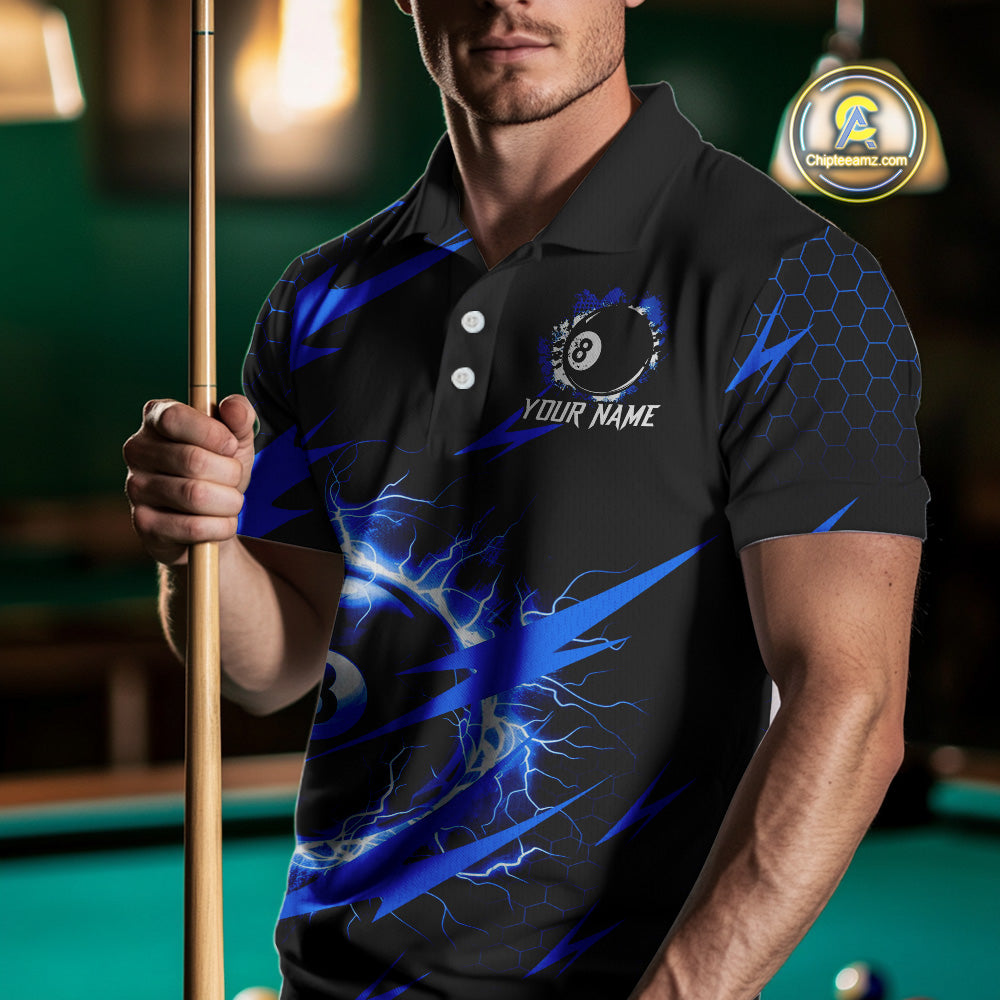 Blue 8 Ball Pool Thunder Lightning Storm Men's Billiard Shirt Custom Billiard Jersey Polo & 1/4 Zip TDM3832