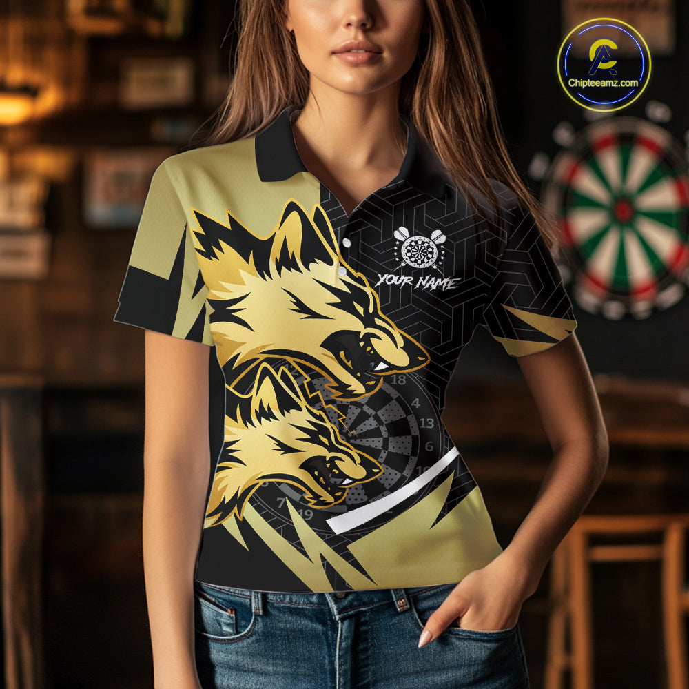 Black And Gold Dartboard Wolf Darts Shirt For Women Custom Darts Jersey Team Polo & 1/4 Zip TDM6470