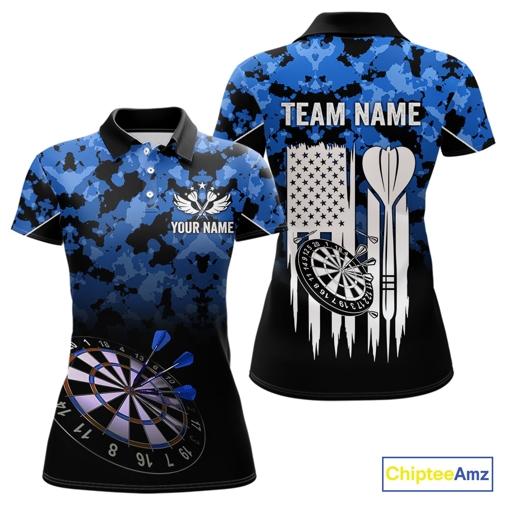 Personalized US Flag Blue Camo Dart Shirts For Women, Patriotic Darts Jersey Team Polo & 1/4 Zip TDM4128