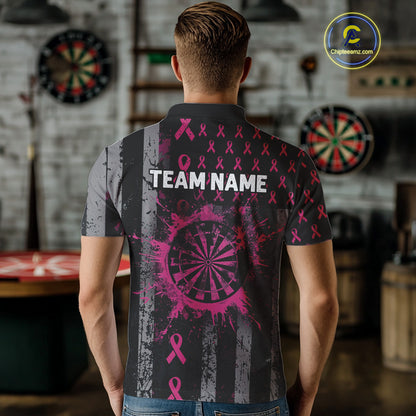 Personalized Grunge US Flag Pink Ribbon Patriotic Darts Shirt For Men, Breast Cancer Darts Jersey TDM4501