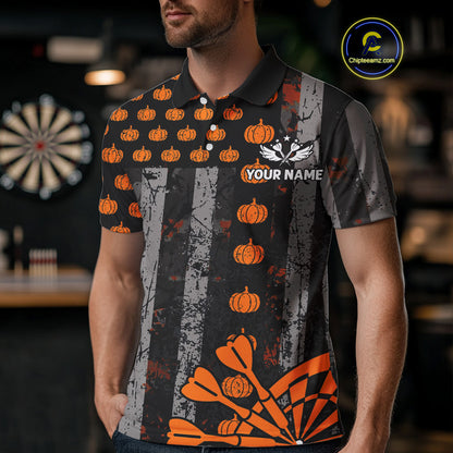 Personalized Orange Grunge US Flag Pumpkin Darts Shirt For Men, Halloween Darts Jersey Outfit TDM4502