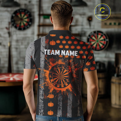 Personalized Orange Grunge US Flag Pumpkin Darts Shirt For Men, Halloween Darts Jersey Outfit TDM4502