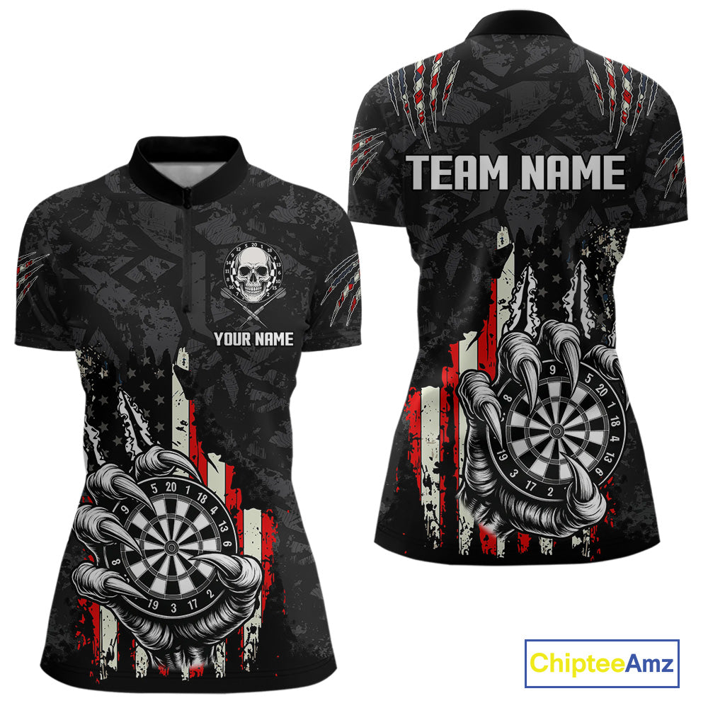 Funny Claw Tearing US Flag Darts Shirt For Women Custom Patriotic Skull Darts Team Jerseys TDM4503
