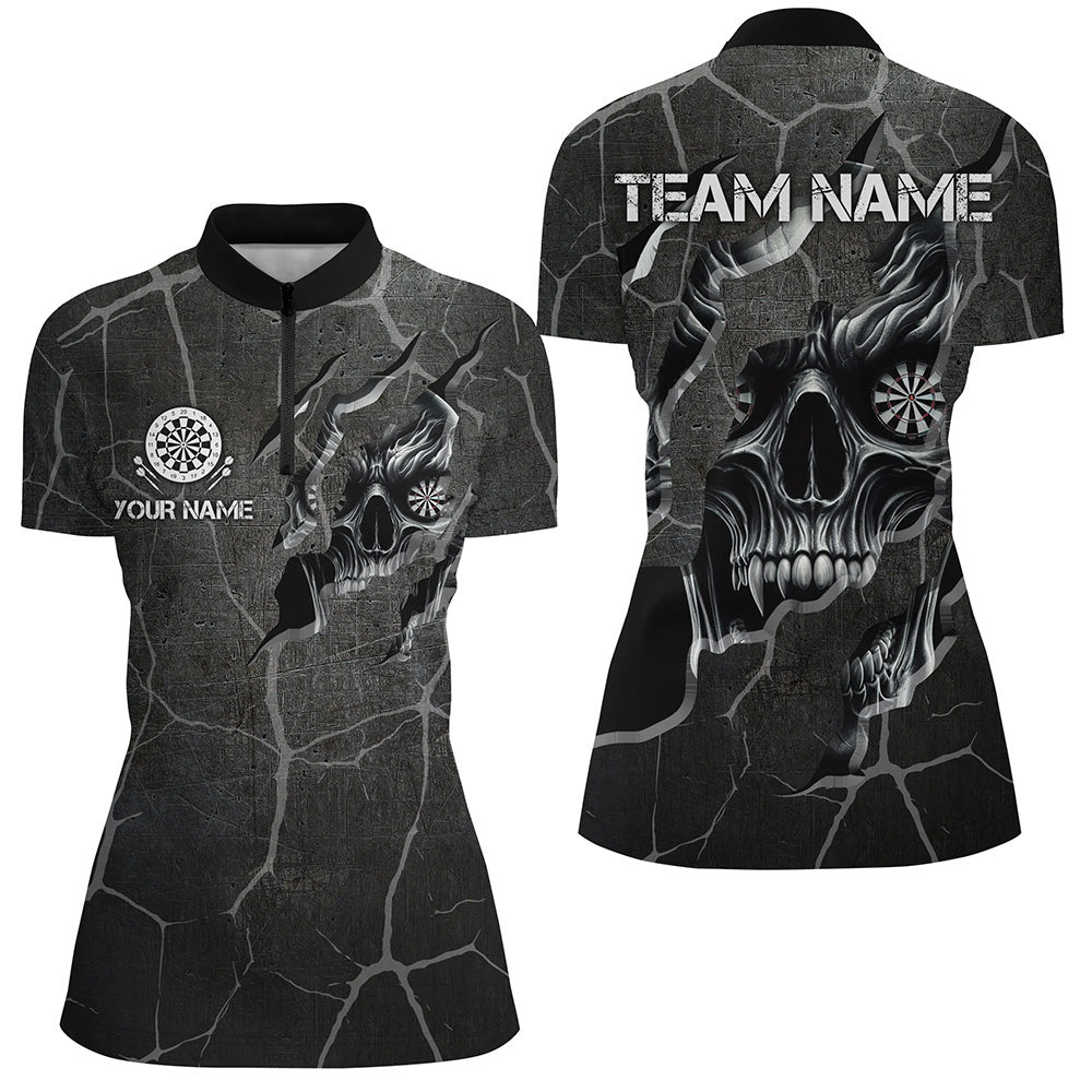 Personalized Skull Black Grunge Darts Polo And Quarter-Zip Shirts For Women Custom Darts Team Jerseys TDM2430