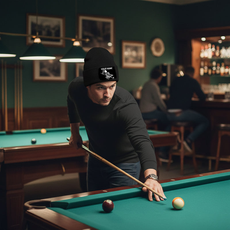 Personalized Skull 8 Ball Billiard Knit Beanie Hat With Rectangle Patch Custom Billiard Knit Cap TDM4940