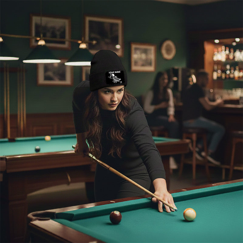 Personalized Skull 8 Ball Billiard Knit Beanie Hat With Rectangle Patch Custom Billiard Knit Cap TDM4940