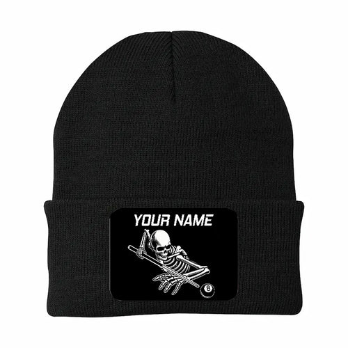 Personalized Skull 8 Ball Billiard Knit Beanie Hat With Rectangle Patch Custom Billiard Knit Cap TDM4940