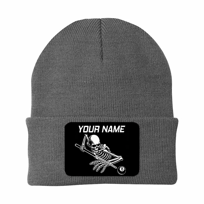 Personalized Skull 8 Ball Billiard Knit Beanie Hat With Rectangle Patch Custom Billiard Knit Cap TDM4940