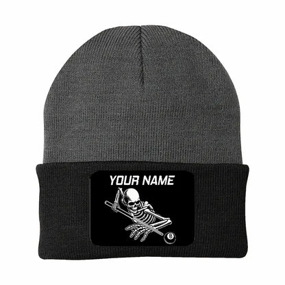 Personalized Skull 8 Ball Billiard Knit Beanie Hat With Rectangle Patch Custom Billiard Knit Cap TDM4940