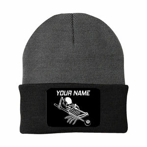 Personalized Skull 8 Ball Billiard Knit Beanie Hat With Rectangle Patch Custom Billiard Knit Cap TDM4940