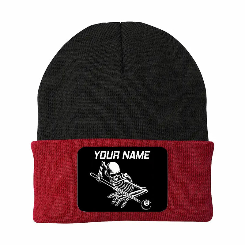 Personalized Skull 8 Ball Billiard Knit Beanie Hat With Rectangle Patch Custom Billiard Knit Cap TDM4940