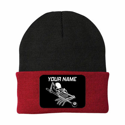 Personalized Skull 8 Ball Billiard Knit Beanie Hat With Rectangle Patch Custom Billiard Knit Cap TDM4940