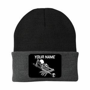 Personalized Skull 9 Ball Billiard Knit Beanie Hat With Rectangle Patch Custom Billiard Knit Cap TDM4941