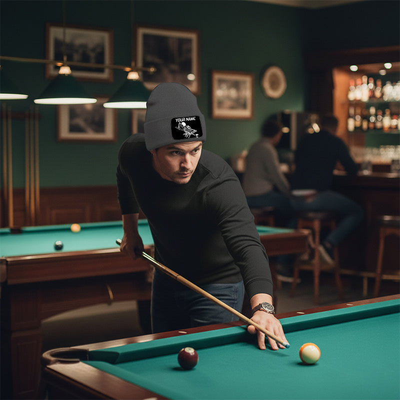 Personalized Skull 9 Ball Billiard Knit Beanie Hat With Rectangle Patch Custom Billiard Knit Cap TDM4941