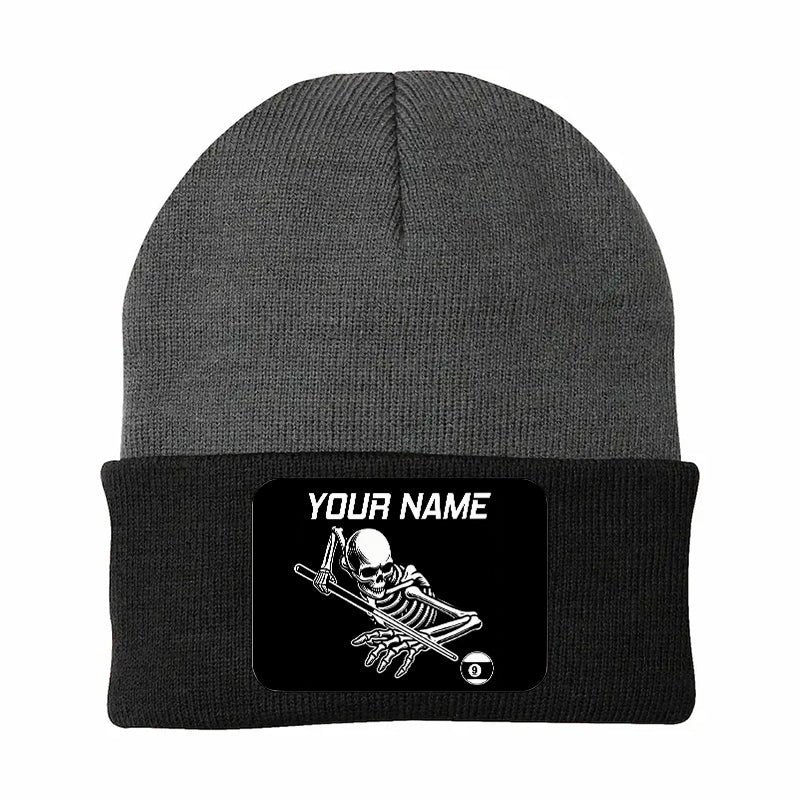 Personalized Skull 9 Ball Billiard Knit Beanie Hat With Rectangle Patch Custom Billiard Knit Cap TDM4941