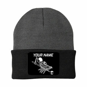 Personalized Skull 9 Ball Billiard Knit Beanie Hat With Rectangle Patch Custom Billiard Knit Cap TDM4941