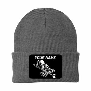 Personalized Skull 9 Ball Billiard Knit Beanie Hat With Rectangle Patch Custom Billiard Knit Cap TDM4941