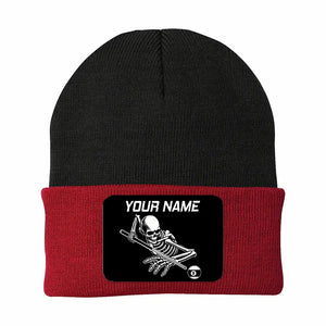 Personalized Skull 9 Ball Billiard Knit Beanie Hat With Rectangle Patch Custom Billiard Knit Cap TDM4941