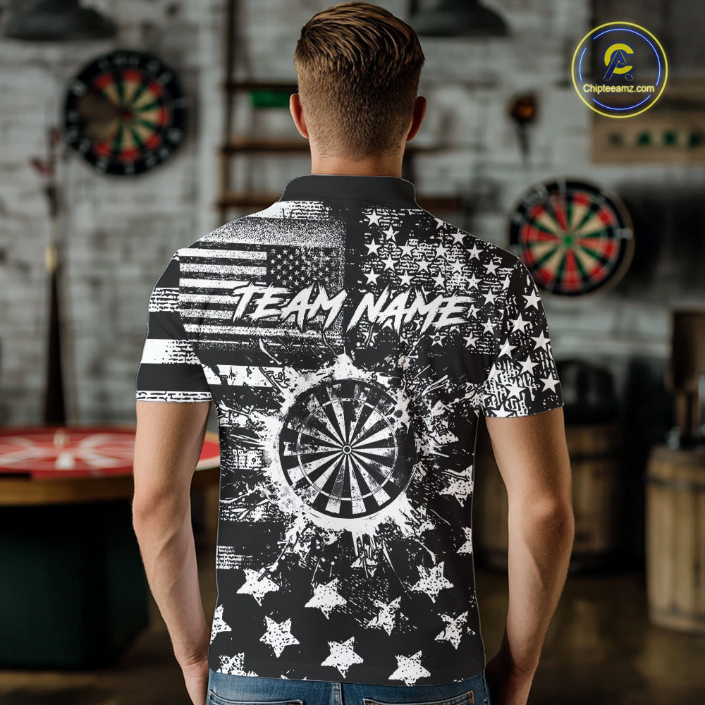 Custom Black Grunge US Flag Patriotic Darts Shirt For Men, Retro Darts Board Darts Team Jerseys TDM3155