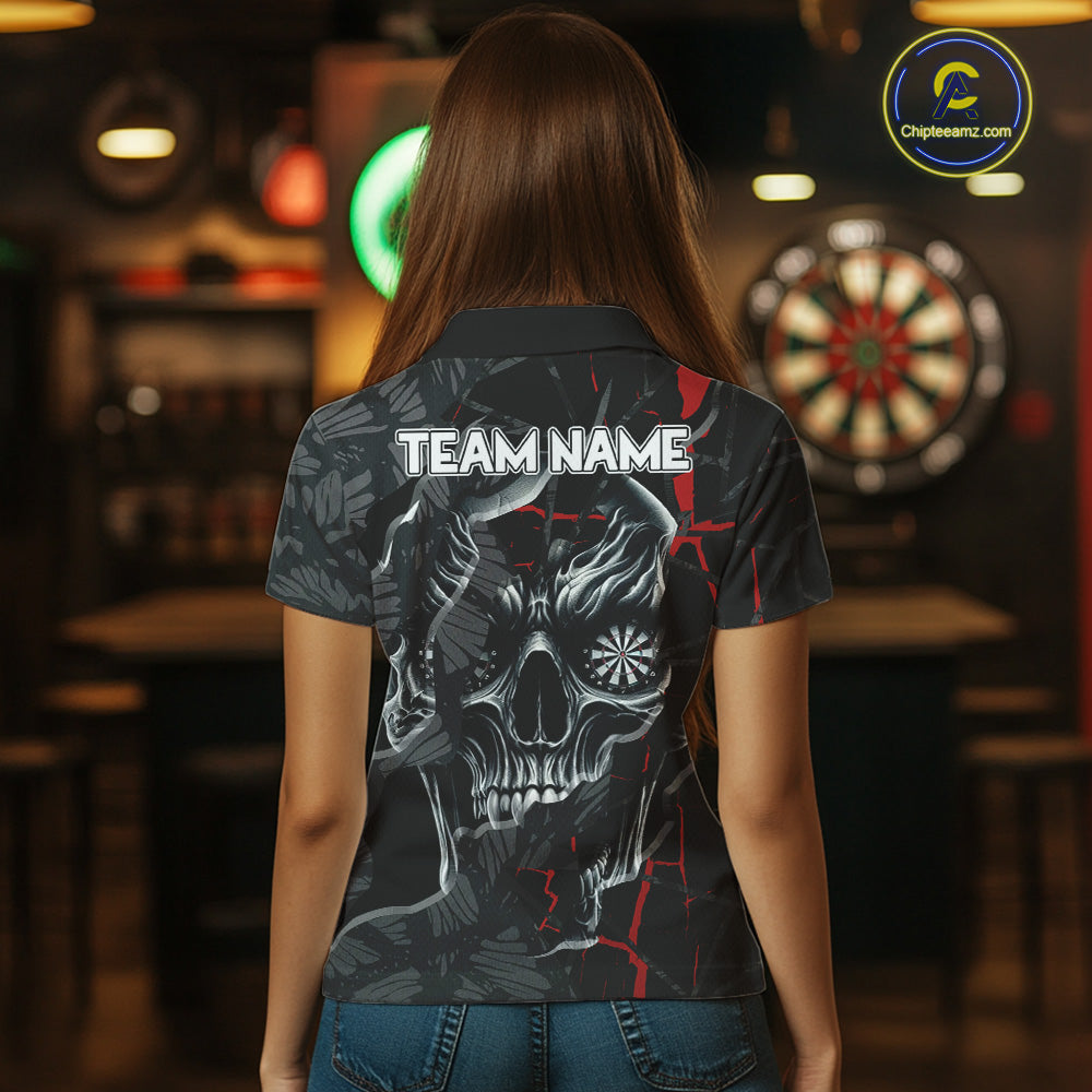 Personalized Skull Black Grunge Darts Polo & Quarter Zip For Women Custom Darts Team Jersey |Red TDM5378