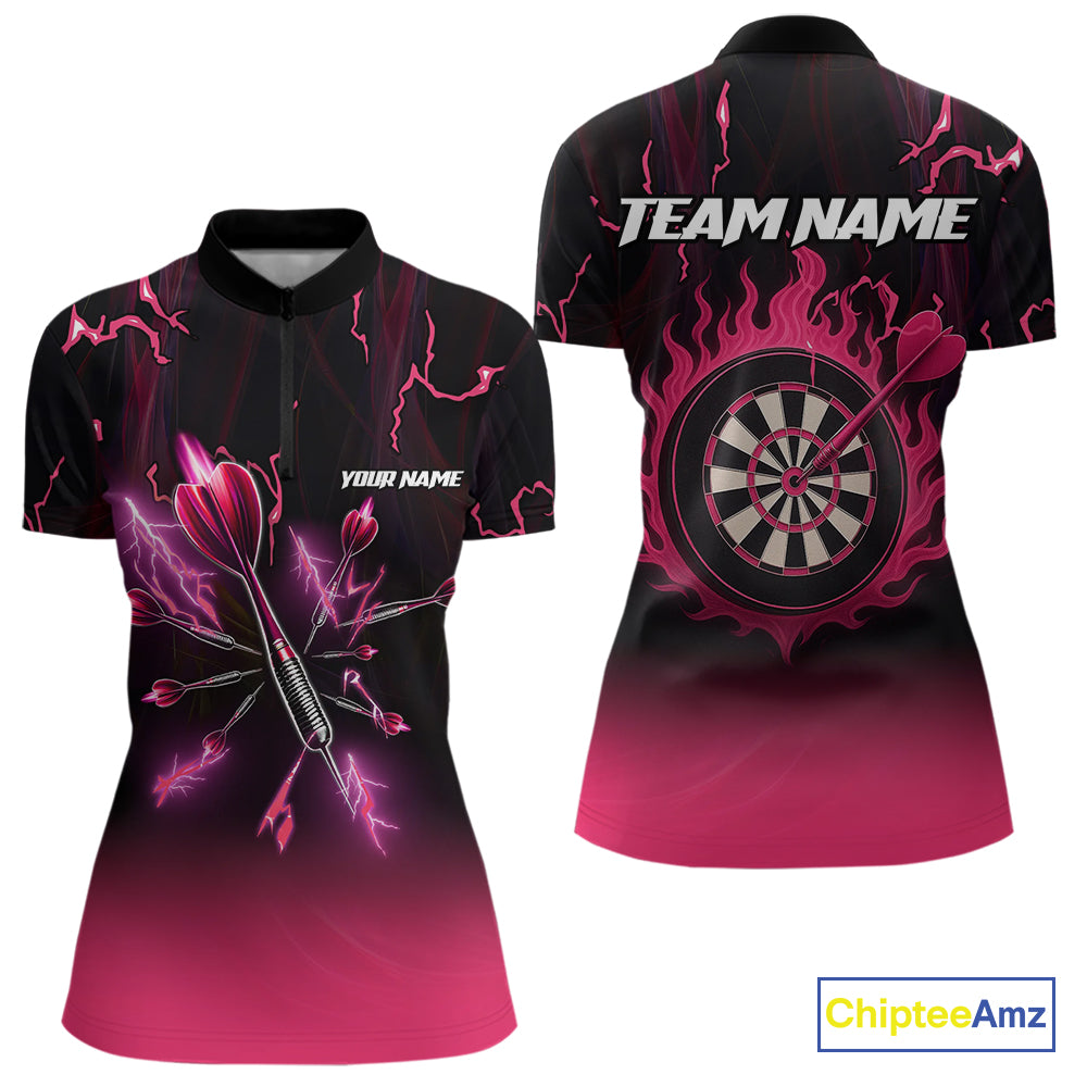 Pink And Black Lightning Arrow Custom Dart Shirts For Women| Darts Team Jersey – Polo & Quarter Zip TDM3965