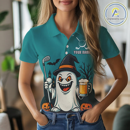 Funny Ghostly Beer Halloween Golf Polo Shirt For Women Custom Halloween Ladies Golf Outfit TDM4944