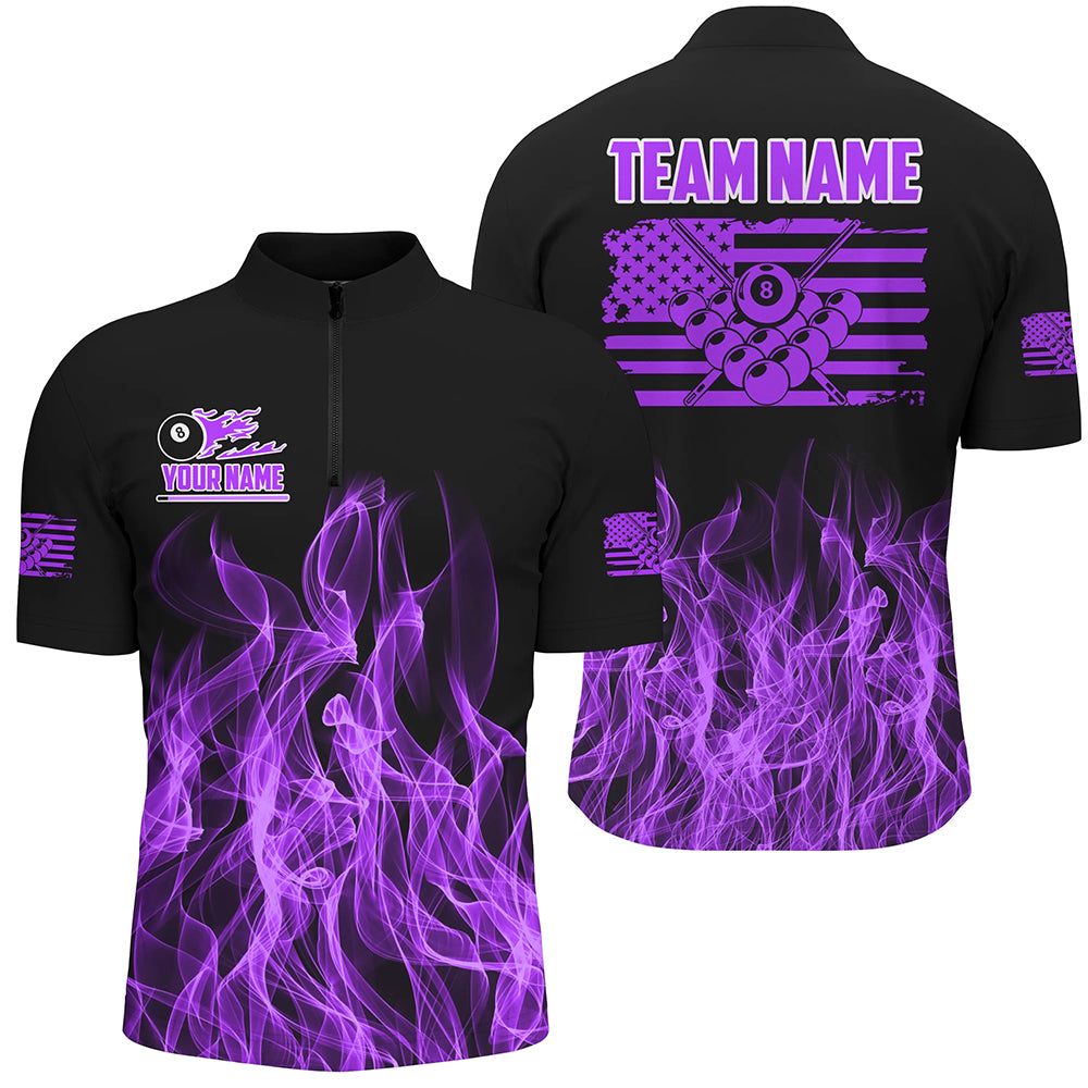 3D Purple Flaming American Flag Men Billiard Shirt Custom Patriotic Pool Player Billiard Jersey TDM3164