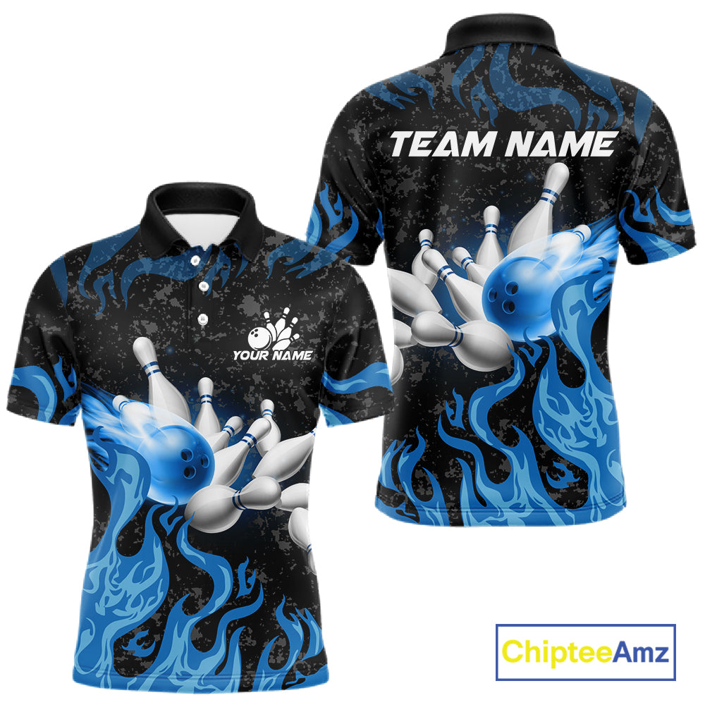 Blue Flaming Bowling Jersey For Men Custom Fire Bowling Pin Team Jersey Polo & Quarter Zip Shirts TDM6267